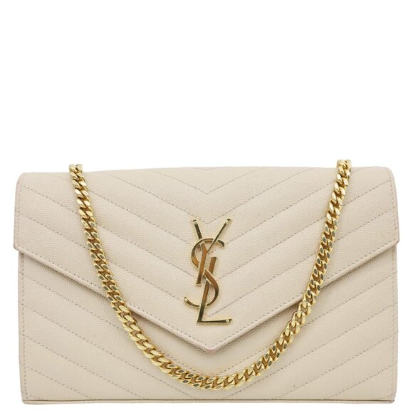 YVES SAINT LAURENT  Envelope Grain De Poudre Chevron Leather Wallet On Chain Bei - Picture 1 of 12
